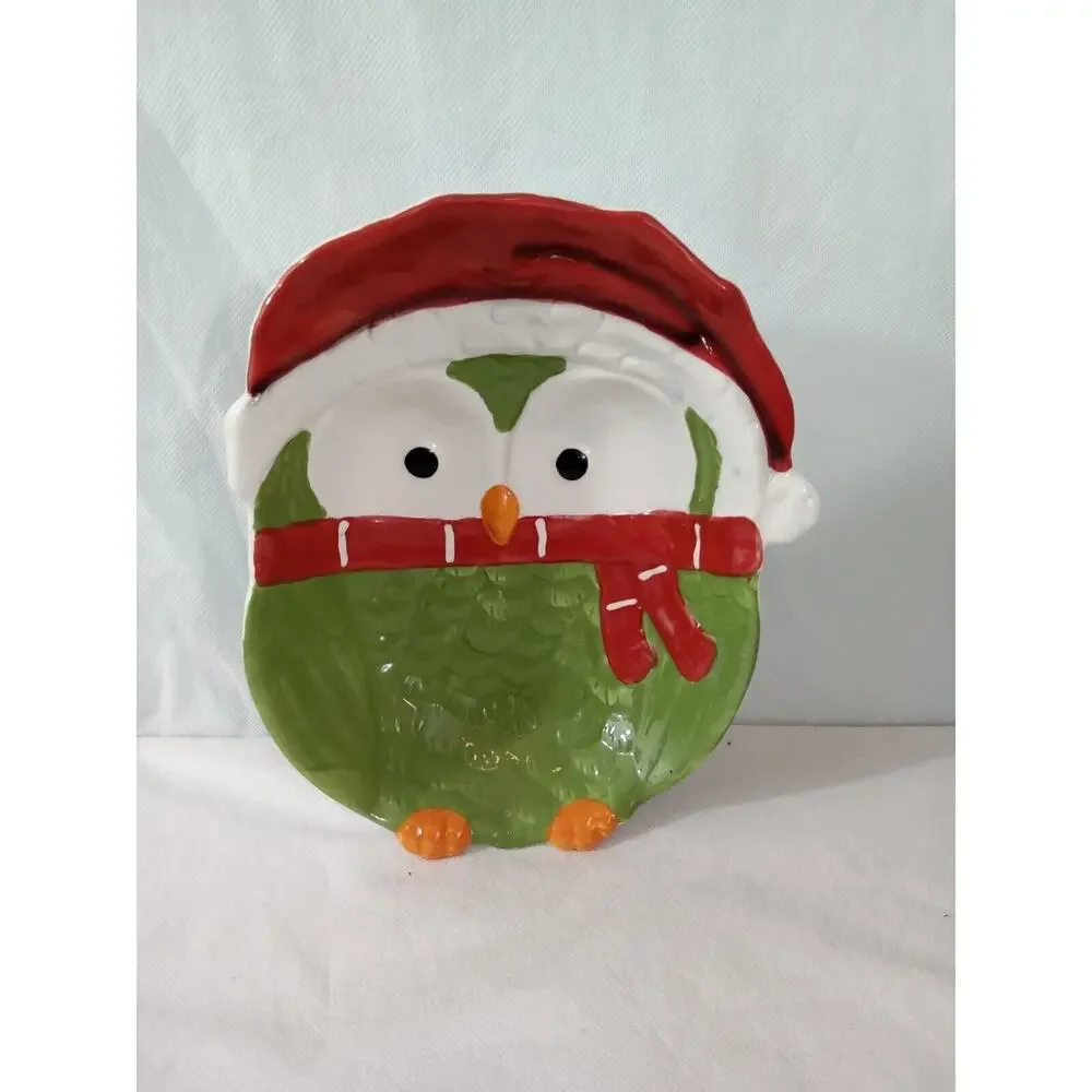 Owl‎ Santa Claus Christmas Serving Dish Candy Red Hat Scarf